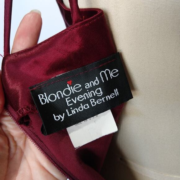 Vintage 90s Prom Dress Size S Burgundy Satin Maxi Strappy High Neck Blondie & Me - Picture 12 of 13